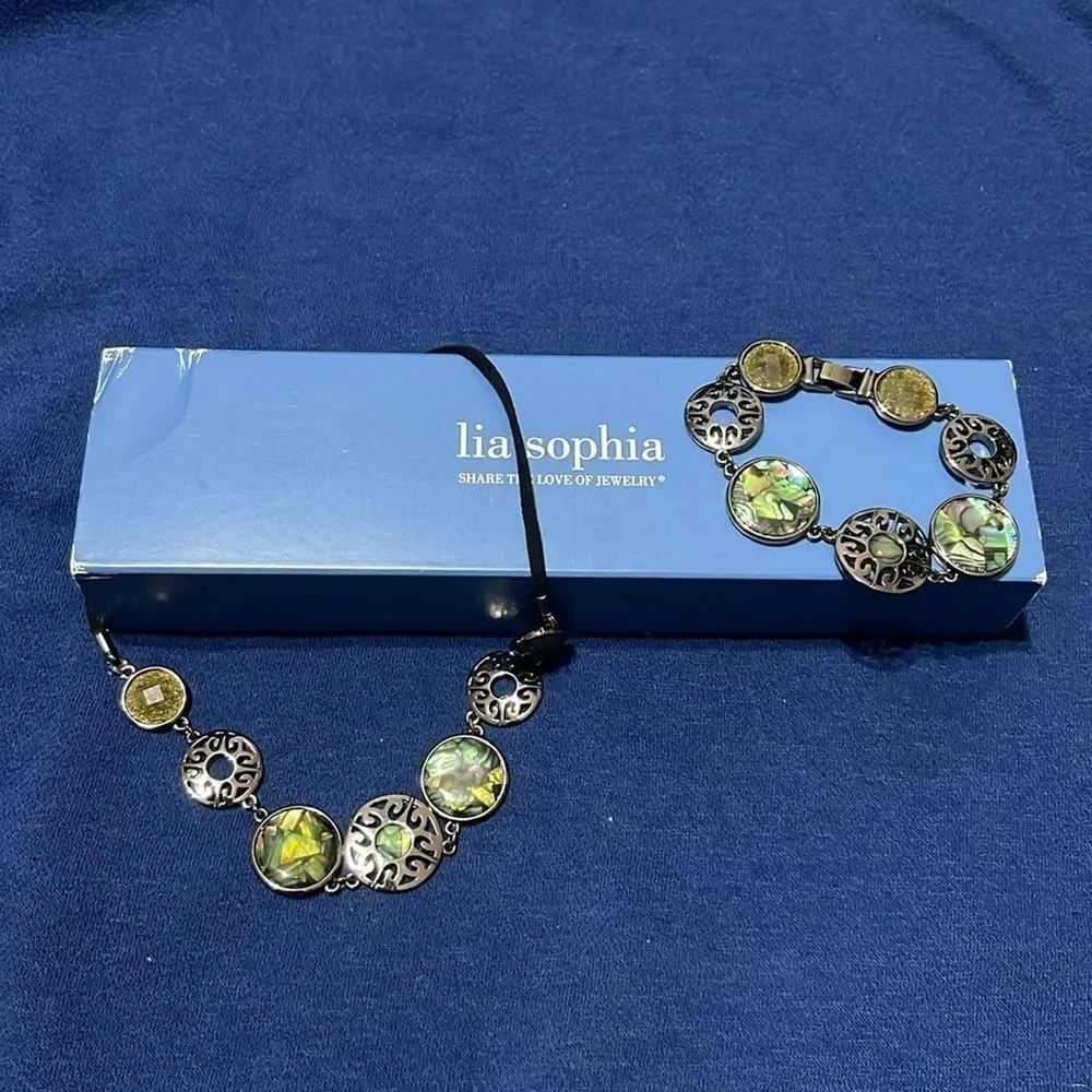 Lia Sophia necklace hematite genuine abalone filigree &  matching bracelet - Picture 6 of 9